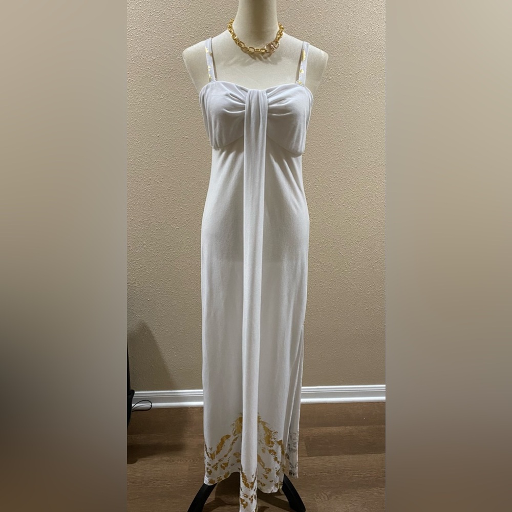 Long white and gold summer dress by Contour.